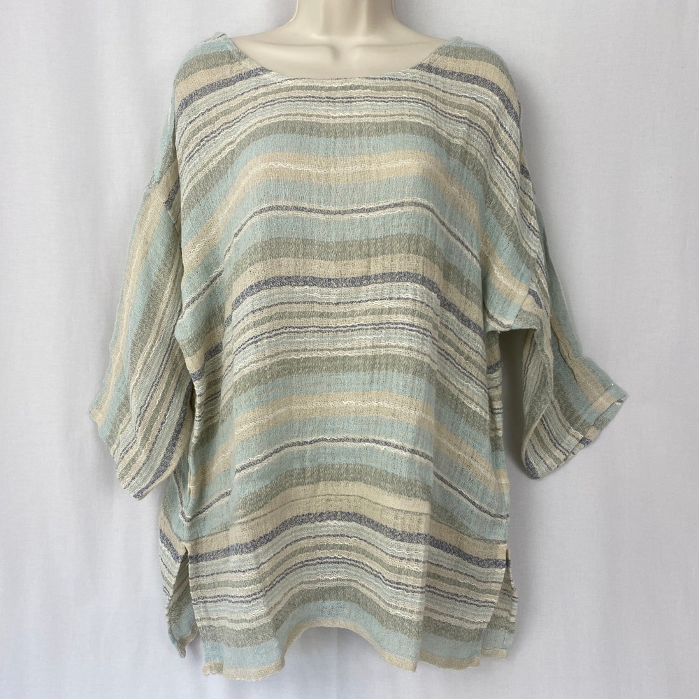 Soft Surroundings Striped Top Womens L Blue Gauzy Coastal Semi Sheer Pastel